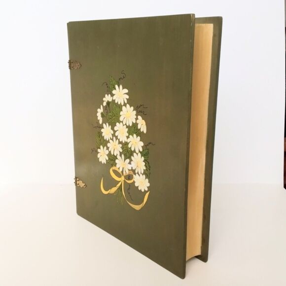 Vintage 1970's Hand Painted Book Style Large Wooden Book Box Floral Design - Picture 3 of 7